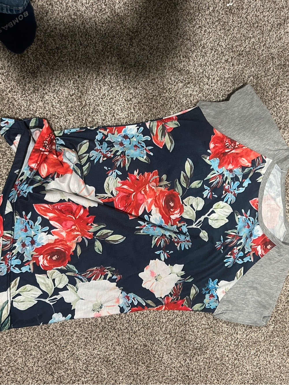 Floral Short-Sleeve Women's Top - Navy with Red & Blue Flowers